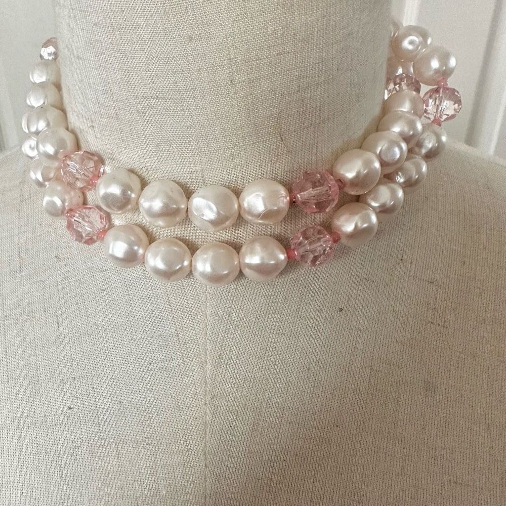 Faux pearl and pink beaded long necklace